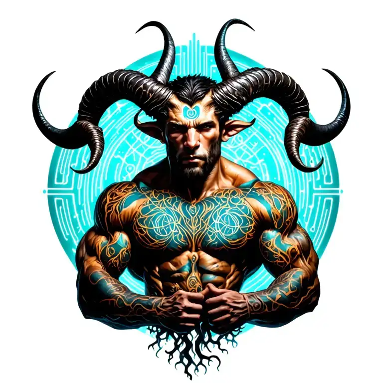 Gay male horned satyr with massive bodybuilder muscles flex. cyber tree roots, vines and patterns tattoo design idea