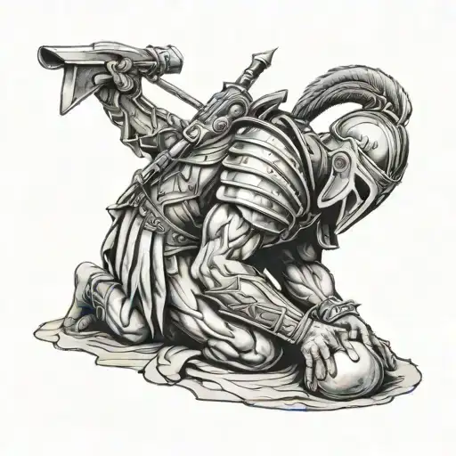 Spartan warrior kneeling praying tattoo design idea