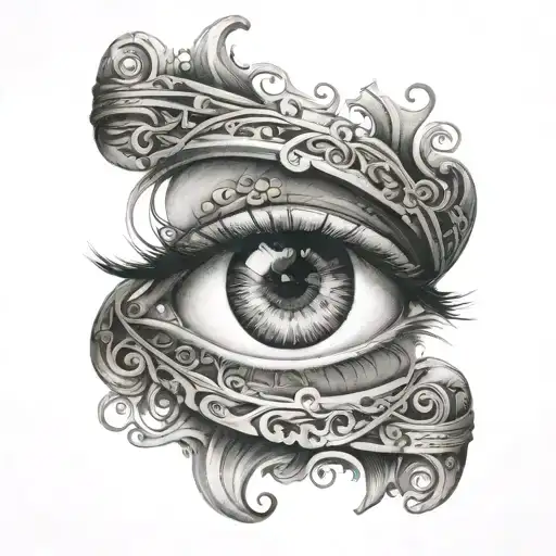 A surreal eye border design with a hidden handcuff motif woven into the details tattoo design idea