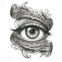 A surreal eye border design with a hidden handcuff motif woven into the details tattoo design idea
