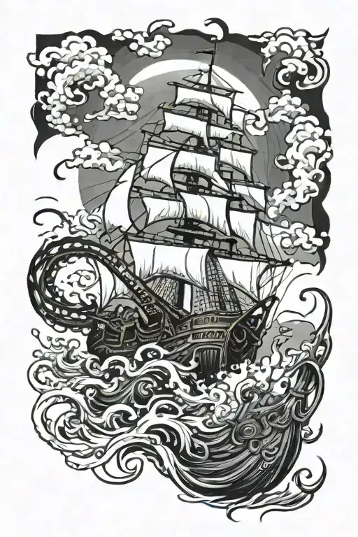 kraken breaking pirate ship I. half during a storm tattoo design idea