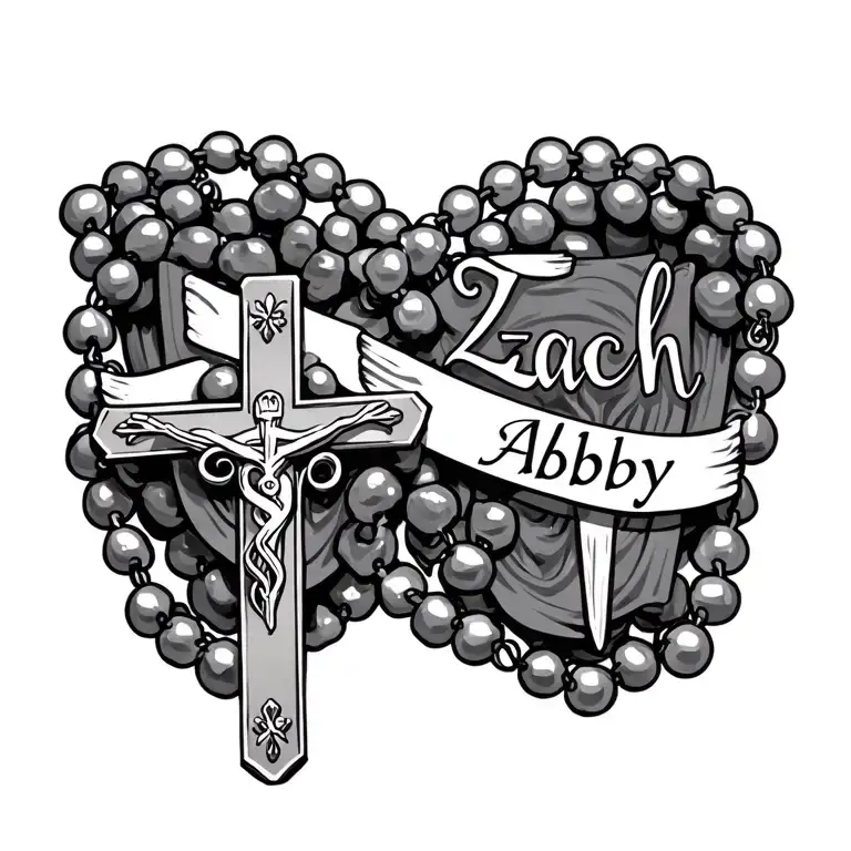 A rosary intertwined with the names Zach and Abby in a black-grey style tattoo tattoo design idea