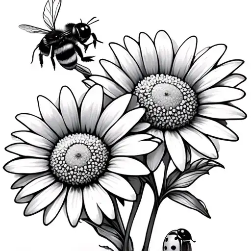 birth flower daisy, 2 of them, with a bumble bee and lady bug tattoo design idea