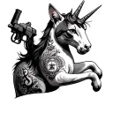 cat riding a unicorn while holding a tattoo gun and having a tattooed music symbol on the cat  tattoo design idea