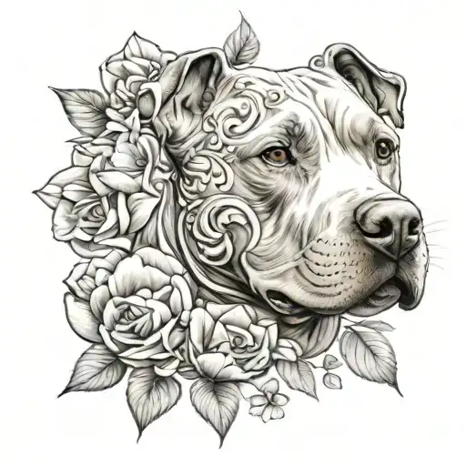 pitbull with flowers tattoo design idea