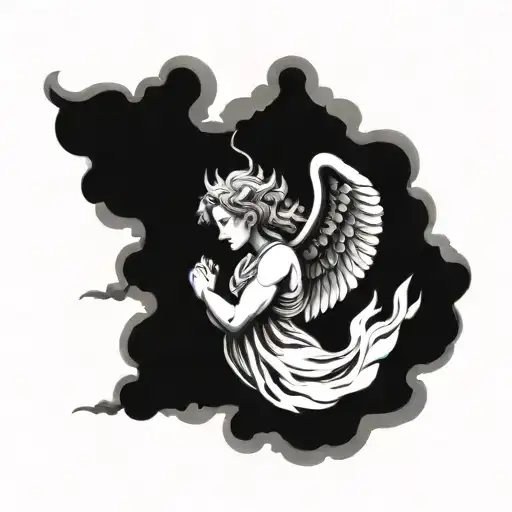 angel in clouds leaving earth and looking back to you tattoo design idea