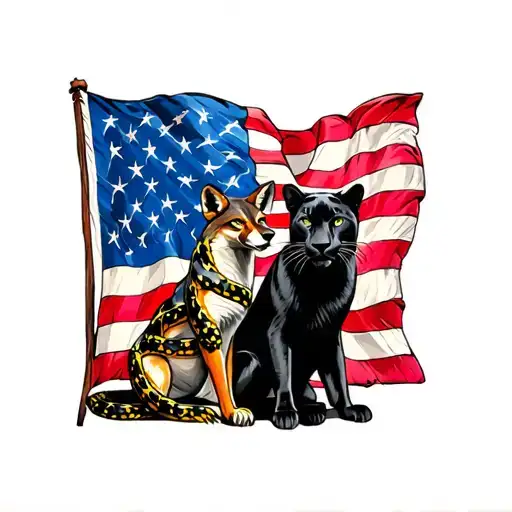 American flag confederate flag and don't tread on me flag with a coyote and a black panther sitting next to each other tattoo design idea