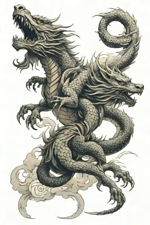 Japanese dragon wrapped around a wolf with storm clouds in the back with the kanji for mom slightly faded in the back tattoo design idea