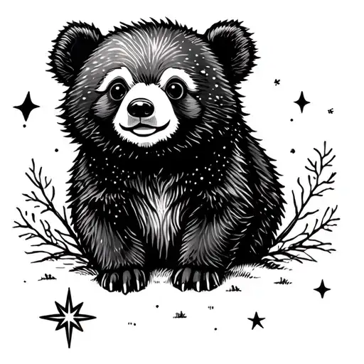 cute bear cub and north star tattoo design idea