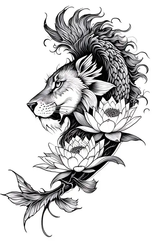 Vertical integration of a half-face lion, a koi fish, and a lotus flower. tattoo design idea
