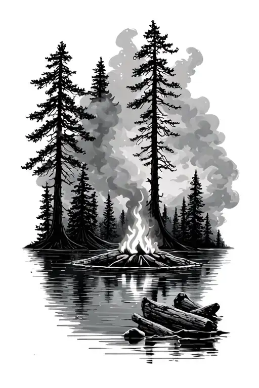 trees on the lake with camp fire and smoke rising tattoo design idea