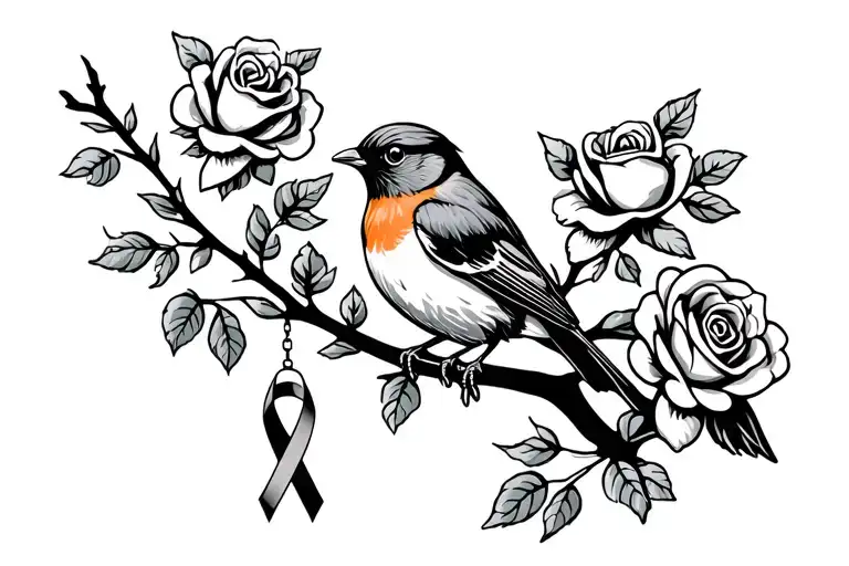 Colored Robin sitting on branch with roses around it with a cancer ribbon hanging on the branch tattoo design idea