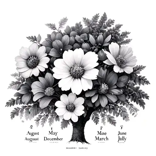 Tree line with birth flowers in foreground August, May, December, June, March and July tattoo design idea