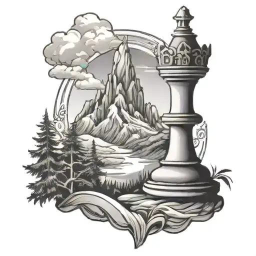 Bishop chess piece outline with mountain landscape inside tattoo design idea
