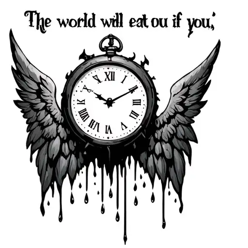 "The world will eat you if you " "The world will eat you if you " shatterd clock,evil grin,angel with tattered wings,teardrops tattoo design idea