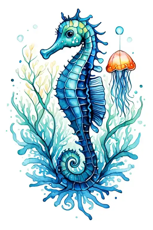 Aquatic and beachy with kelp, a tiny swimming seahorse, a jellyfish, and a coral reef tattoo design idea