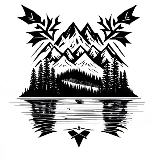 moutains with nature in lake and arrowhead tattoo design idea