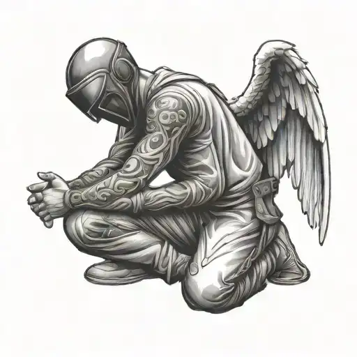 angel in a bandit balaclava praying on his knees tattoo design idea