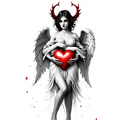 sexy evil angel holding heart tattoo design idea