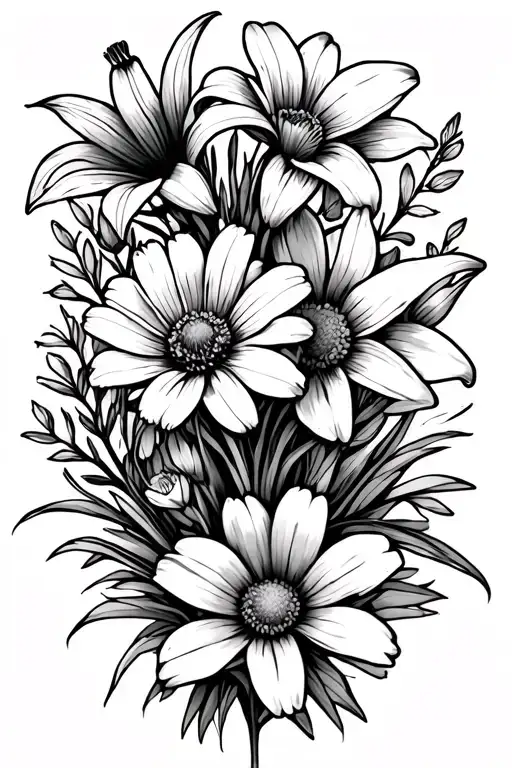 Small fine line mimalist flower bouquet tattoo with an tiger lily, marigold, daisy and a narcissus flower no colour tattoo design idea