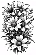 Small fine line mimalist flower bouquet tattoo with an tiger lily, marigold, daisy and a narcissus flower no colour tattoo design idea