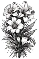 Small fine line mimalist flower bouquet tattoo with an tiger lily, marigold, daisy and a narcissus flower no colour tattoo design idea