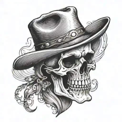 stipple style skull with cowboy hat smoking a cigarette tattoo design idea