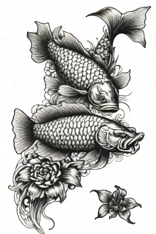 blood red arowana fish and butterfly koi fish with flowers tattoo design idea