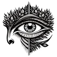 eye of horus in a tree crown with a dna strand as tree trunk then a straight line and ending at the tree roots & unalome tattoo design idea