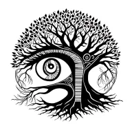 eye of horus in a tree crown with a dna strand as tree trunk then a straight line and ending at the tree roots & unalome tattoo design idea