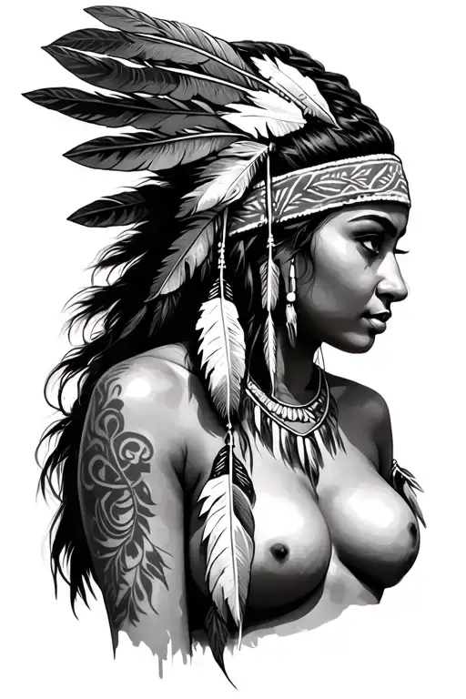 topless native american female with no tattoos and single feather headband tattoo design idea