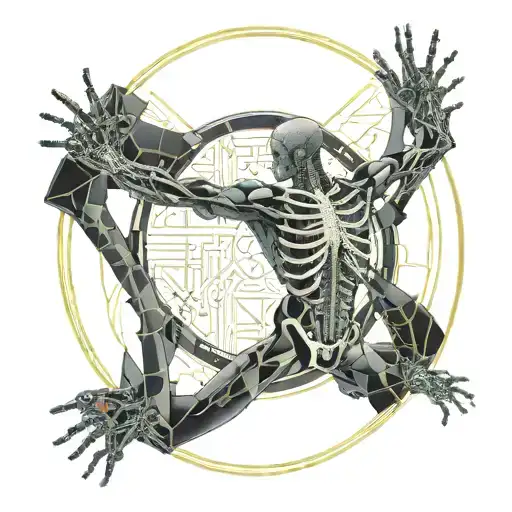 Vitruvian Man fused with a technology and with tubes running from all parts of his body into a machine tattoo design idea
