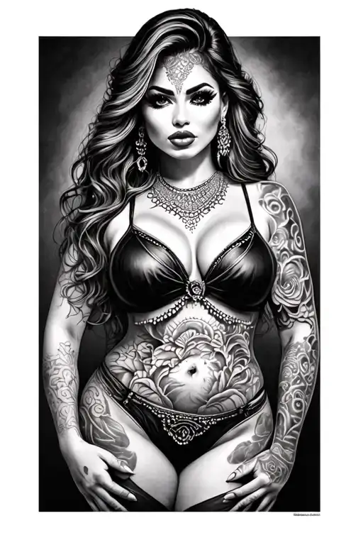 sexy girl, realistic, big bubs, chicano style tattoo tattoo design idea