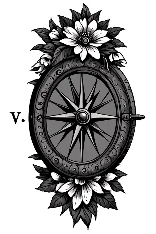 Gypsy Roma wagon wheel with flowers and compass  tattoo design idea