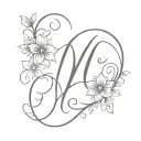delicate cursive m with bining floral tattoo design idea