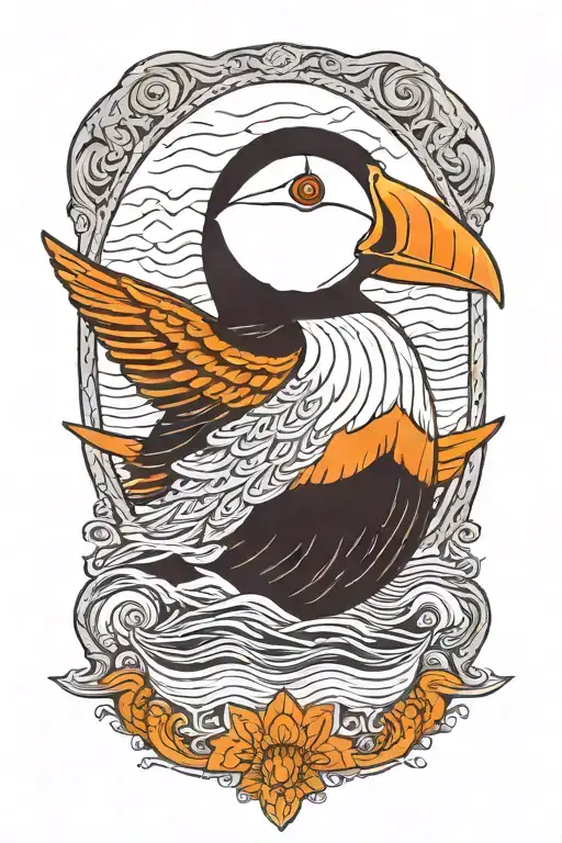 male puffin on a with an old scandinavian viking ship at sea tattoo design idea