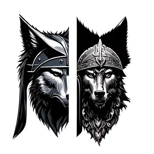 wolf face and Sparta helmet with a Greek god  tattoo design idea