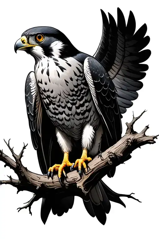 Peregrine falcon, dead tree tattoo design idea