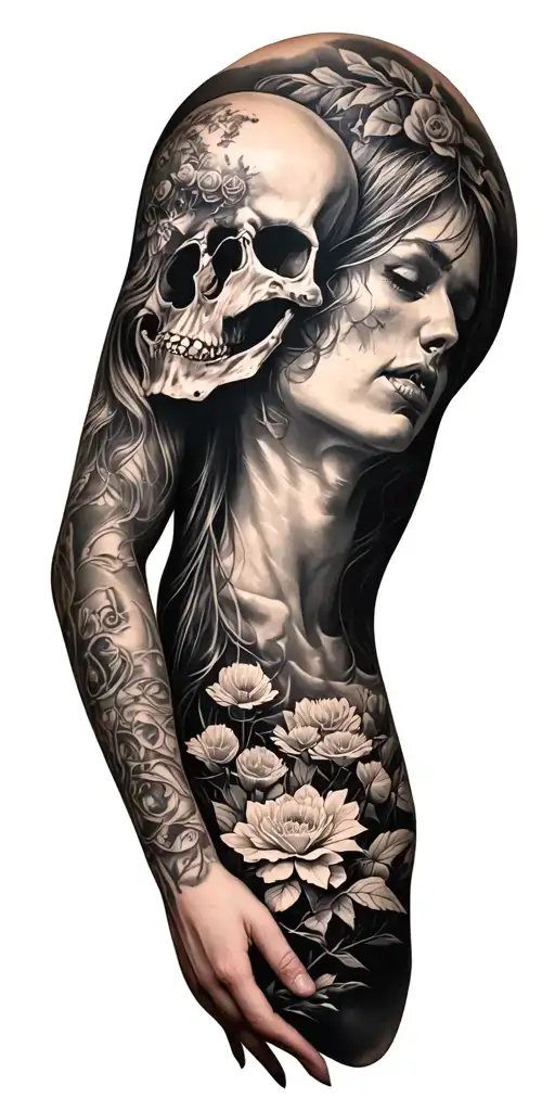 Full sleeve going from a dead grave to a garden tattoo design idea