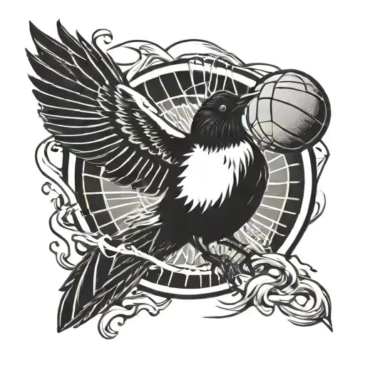 a magpie is dunking a basketball. the magpie represents collingwood.  tattoo design idea