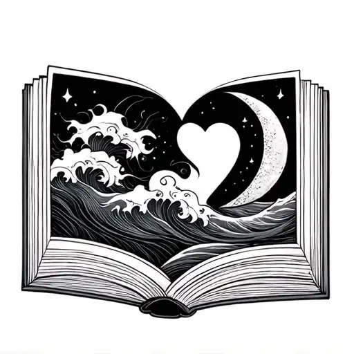 simpleopen book with waves in shape of a heart and a crescent moon tattoo design idea