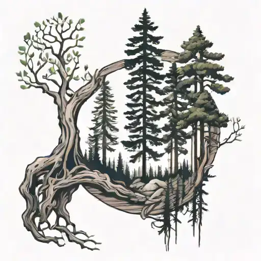 Draw half arm tattoo that is a forest with half of one tree full and other half bare tattoo design idea
