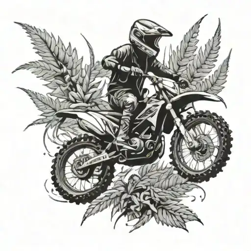 Combine the client's passion for music and dirt bikes by creating a black-grey tattoo of a musician riding a dirt bike through a field of weed plants tattoo design idea
