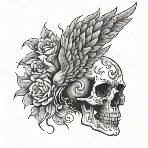 skull, Phoenix, flowers tattoo design idea