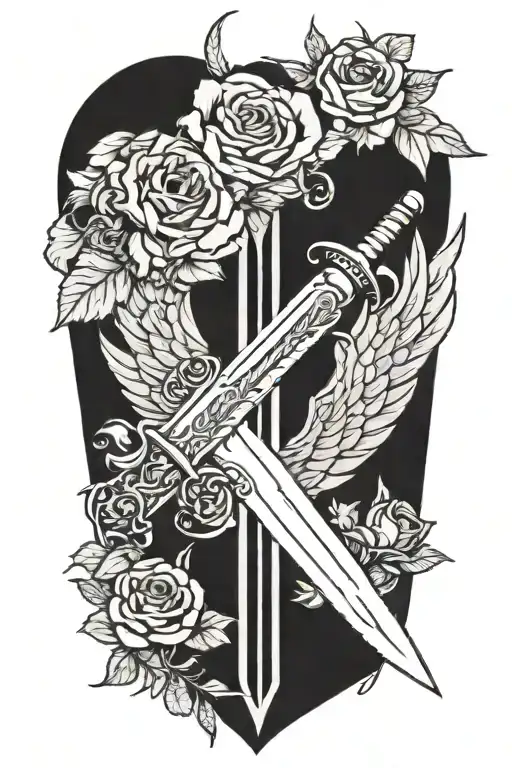 angel wings behind sword, roses tattoo design idea