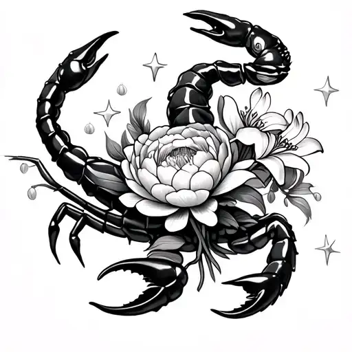 scorpion holding peony and lily of the valley with stars tattoo design idea