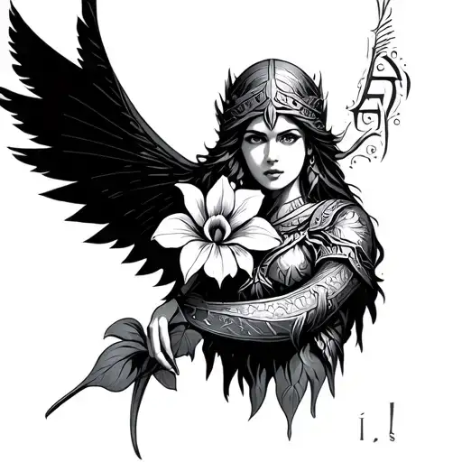 Valkyrie holding an Iris flower, with the word Iris in runes somewhere in the image. Vikingstexture, pattern in backgrou tattoo design idea