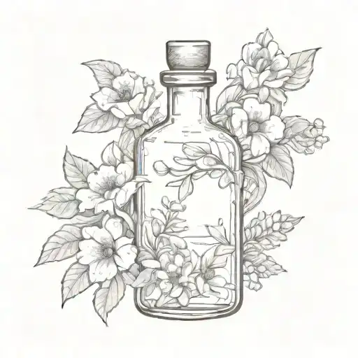 poison bottle filled surrounded by flowers growing tattoo design idea