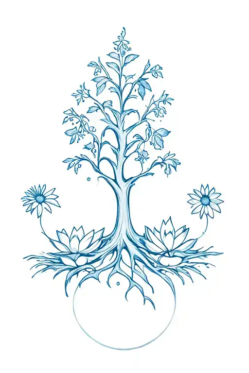 a tree of life with larkspur flowers, aster flowers, morning glory flowers, and water lillies incorporated into it tattoo design idea
