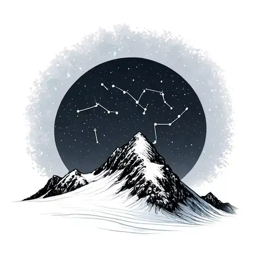 snowy mountain slope at night sky with constellations tattoo design idea